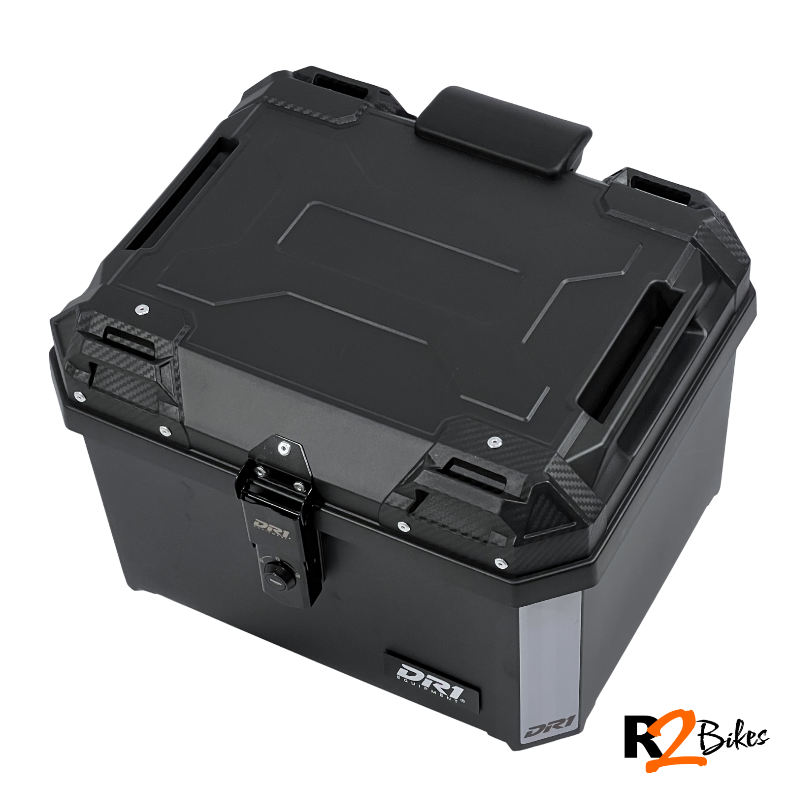 R2 Bikes | Maletero DR1 EVO para moto 45L negro rígido con cerradura y base universal Top Case DR1 para moto