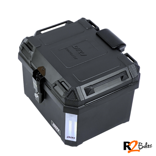 R2 Bikes | Maletero DR1 para moto 45L negro rígido con cerradura y base universal Top Case DR1 para moto